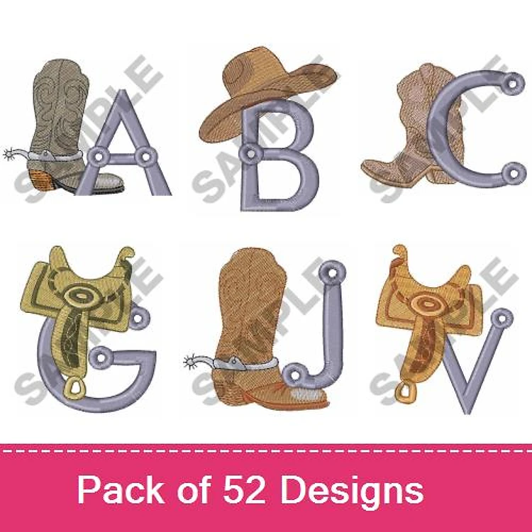 Cowboy Alphabet Embroidery Designs Bundle – A with Boots, B with Hat, C with Boots & More (52 Designs)