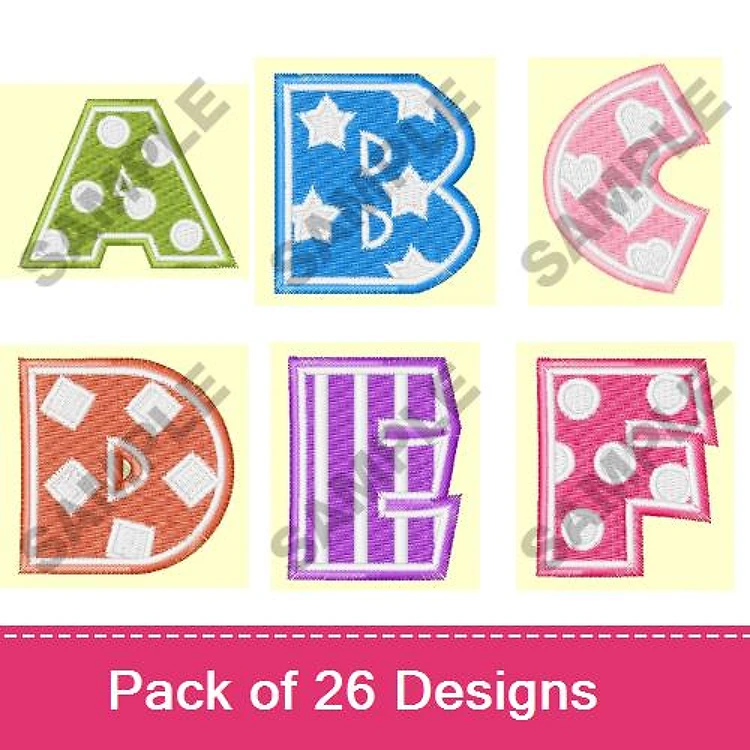 Applique Colorful Alphabet Embroidery Bundle – Polka Dot A, Heart Pattern C, Star Pattern D & More (26 Designs)