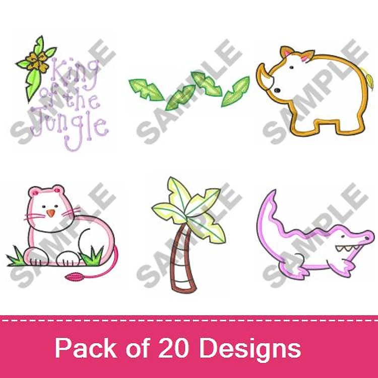 Jungle Animals Embroidery Designs Bundle – Rhino, Pink Panther, Crocodile & More (20 Designs)
