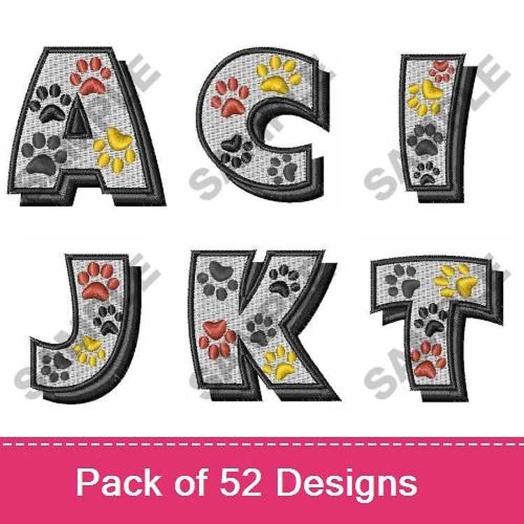 Alphabet Letters with Paw Prints Embroidery Designs Bundle – A, C, I, J, K, T & More (52 Designs)
