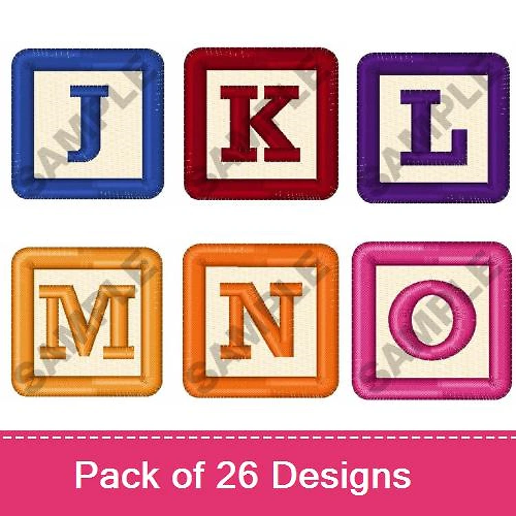 Colorful Alphabet Blocks Embroidery Designs Bundle – Letter J, Letter K, Letter L, & More (26 Designs)