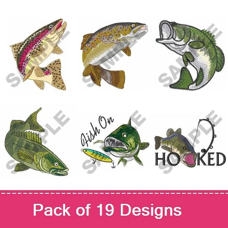 Fishing Embroidery Designs Bundle – Rainbow Trout, Brown Trout, Largemouth Bass, Fish On & More (19 Designs)