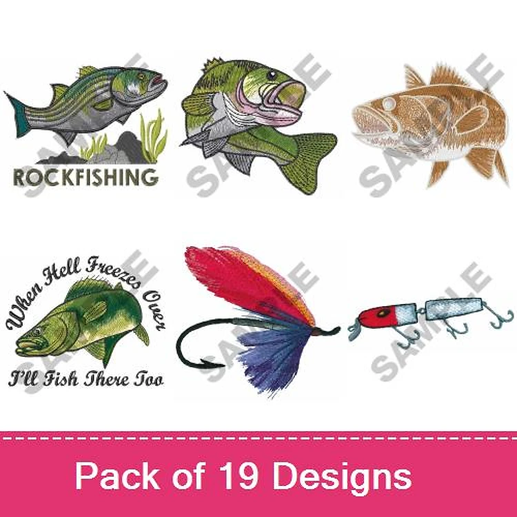 Fishing Embroidery Designs Bundle – Rockfishing Bass, Largemouth Bass, Trout & More (19 Designs)