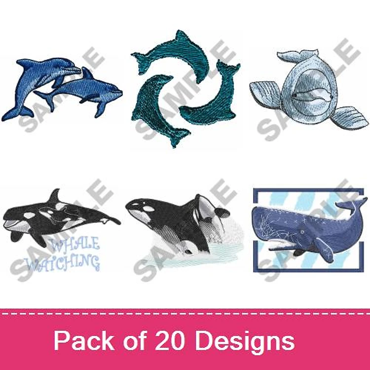 Whales & Dolphins Embroidery Designs Bundle – Dolphin Trio, Humpback Whale, Orca & More (20 Designs)