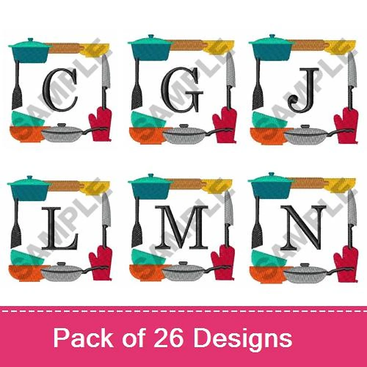 Kitchen Alphabet Embroidery Designs Bundle – C, G, J, L, M, N in Kitchen Utensils & More (26 Designs)