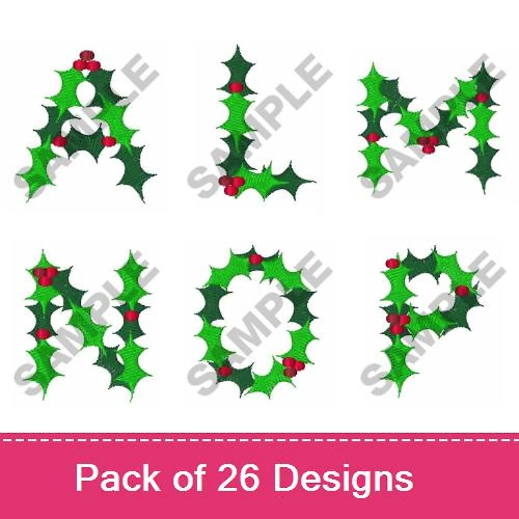 Applique Holly Letters Embroidery Bundle – Holly Letter A, L, M, N, O, R & More (26 Designs)
