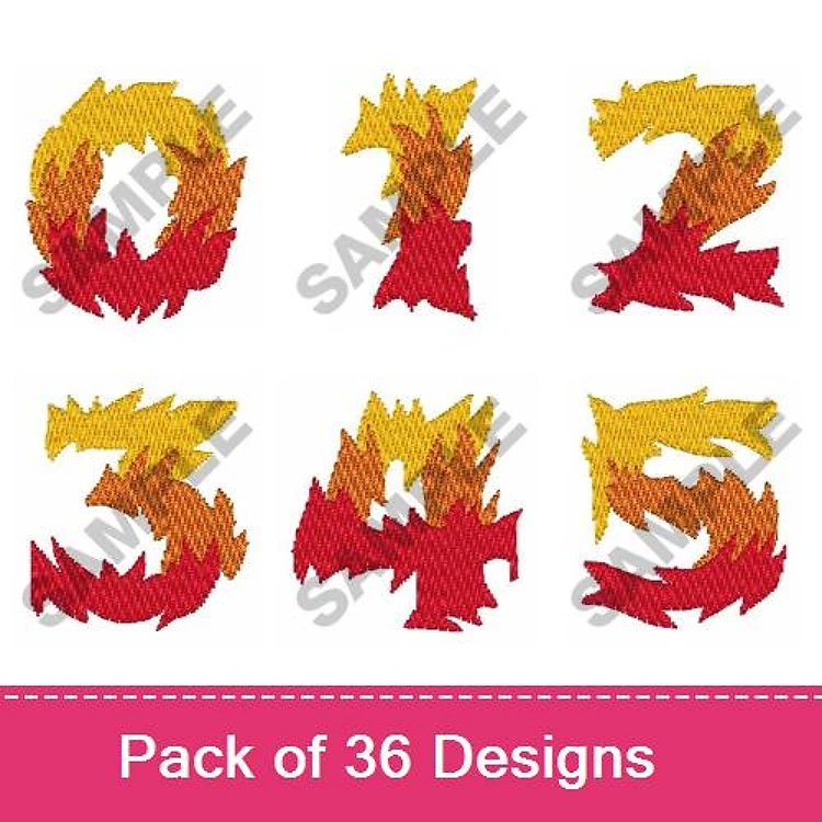 Flame-themed Numbers Embroidery Designs Bundle – Flame Number 0, 1, 2, 3, 4, 5 & More (36 Designs)