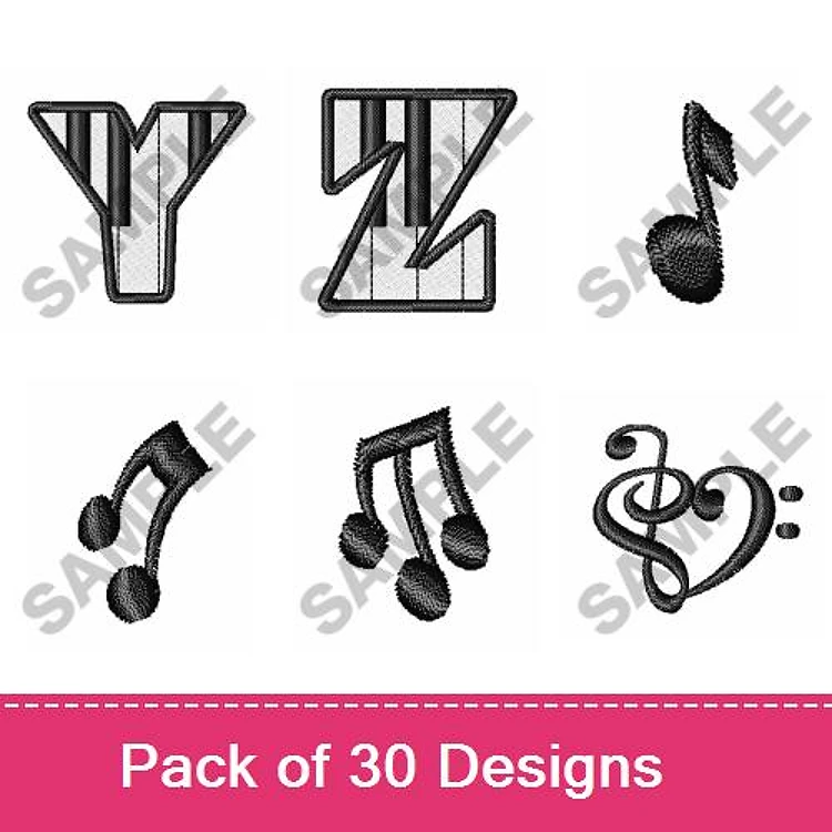 Musical Notes & Letters Embroidery Designs Bundle – Letter Y with Stripes, Letter Z with Stripes, Musical Note & More (30 Designs)