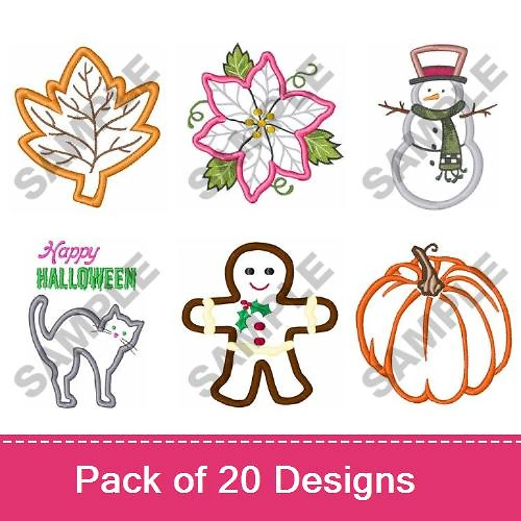 Applique Fall & Halloween Embroidery Designs Bundle – Maple Leaf, Pumpkin, Halloween Cat & More (20 Designs)