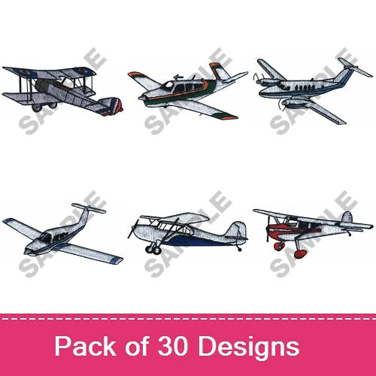 Aircraft Embroidery Designs Bundle – Biplane, Single Engine Plane, Twin Engine Plane & More (30 Designs)