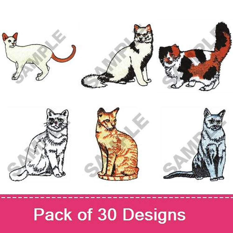 Cats Embroidery Designs Bundle – Siamese, Tabby, Calico, Persian & More (30 Designs)