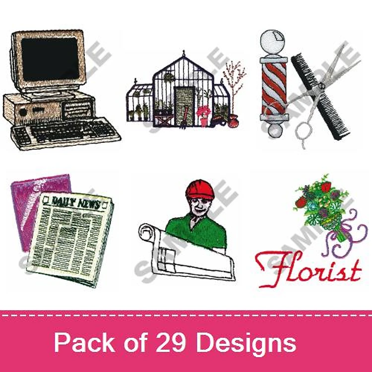 Occupational Themes Embroidery Designs Bundle – Computer, Greenhouse, Barber Pole, Florist with Flowers & More (29 Designs)