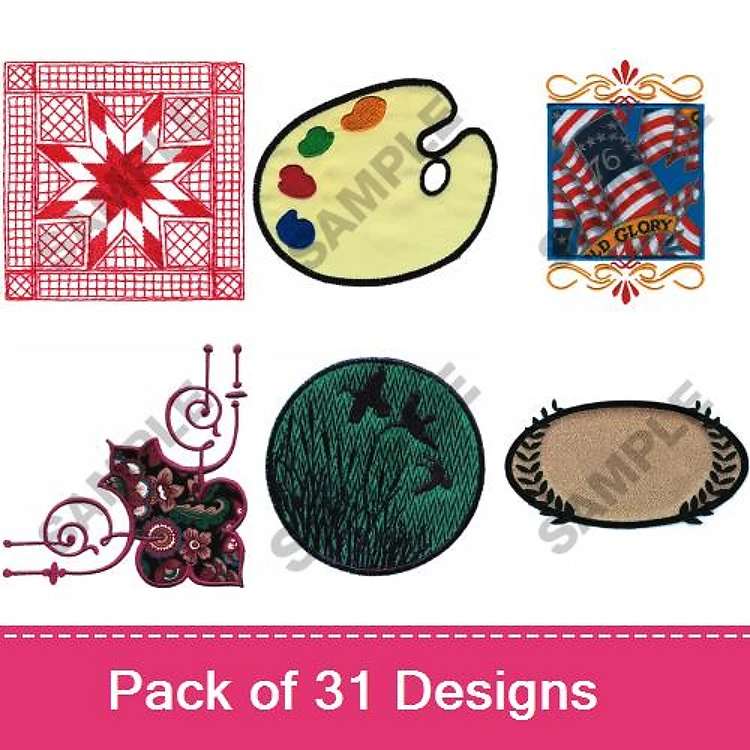 Various Themed Embroidery Designs Bundle – Quilt Star, Artist Palette, American Flag & More (31 Designs)