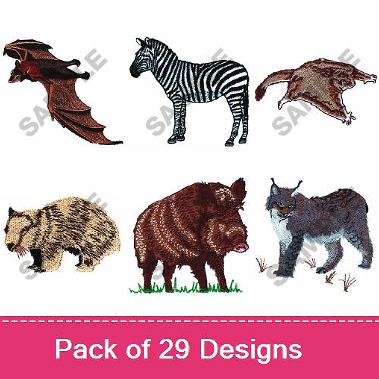 Wild Animal Embroidery Designs Bundle – Zebra, Bear, Wild Boar, Bat & More (29 Designs)