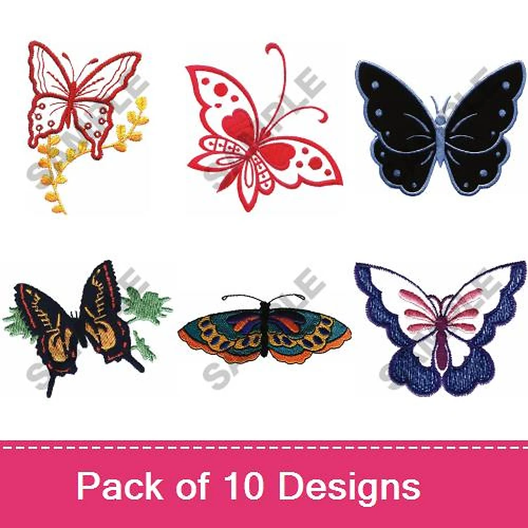 Butterfly Embroidery Designs Bundle – Red Butterfly with Yellow Flowers, Pink Butterfly with Polka Dots & More (10 Designs)