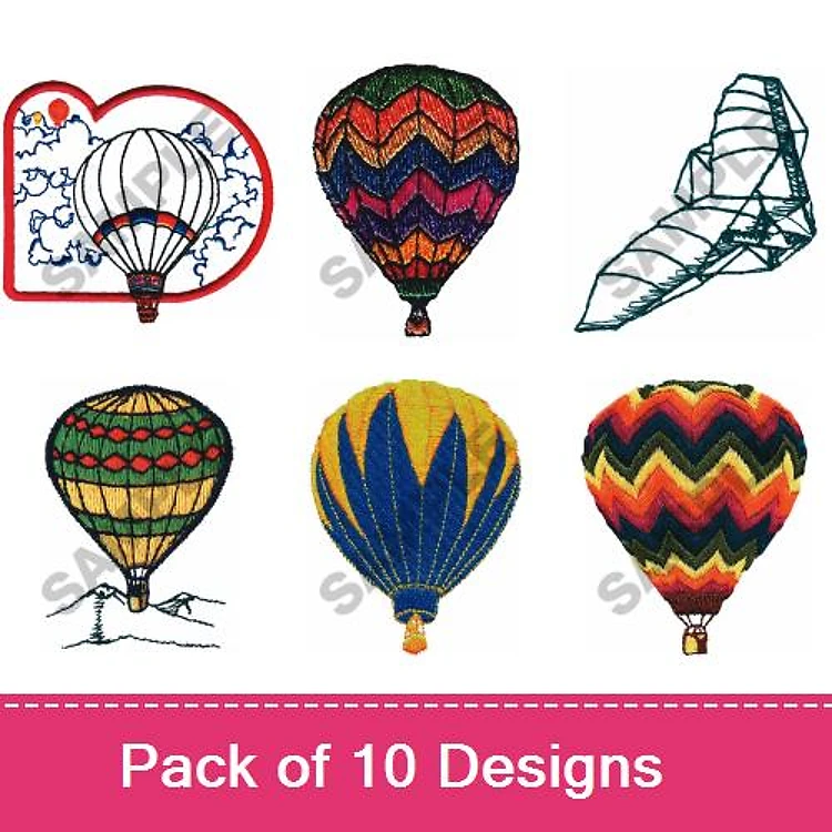 Hot Air Balloon Embroidery Designs Bundle – Outlined, Colorful Striped, Geometric & More (10 Designs)
