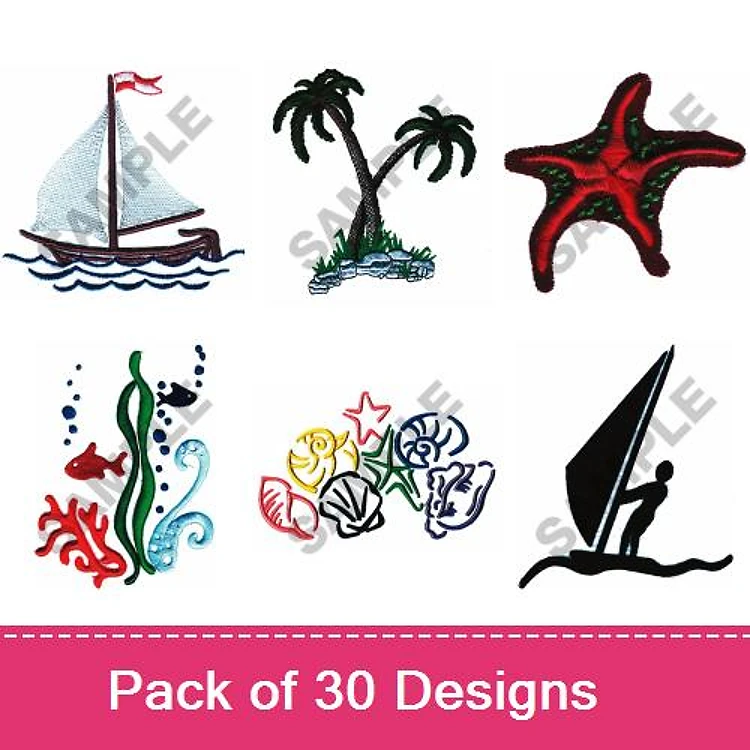 Beach & Ocean Embroidery Designs Bundle – Sailboat, Palm Tree, Starfish, Coral Reef & More (30 Designs)
