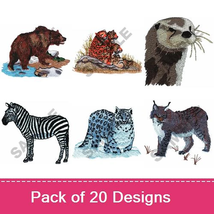 Wild Animal Embroidery Designs Bundle – Brown Bear, Sumatran Tiger, Snow Leopard & More (20 Designs)