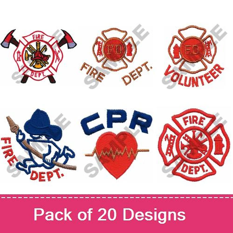 Fire Department Themed Embroidery Designs Bundle – Fire Department Badge, CPR Heart Design, Firefighter Mascot & More (20 Designs)