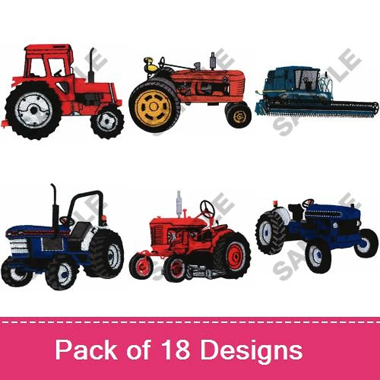 Farm Equipment Embroidery Designs Bundle – Red Tractor, Blue Tractor, Green Combine Harvester & More (18 Designs)