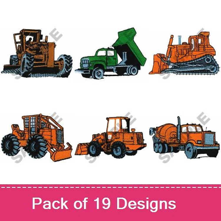 Construction Vehicles Embroidery Designs Bundle – Bulldozer, Dump Truck, Excavator, & More (19 Designs)