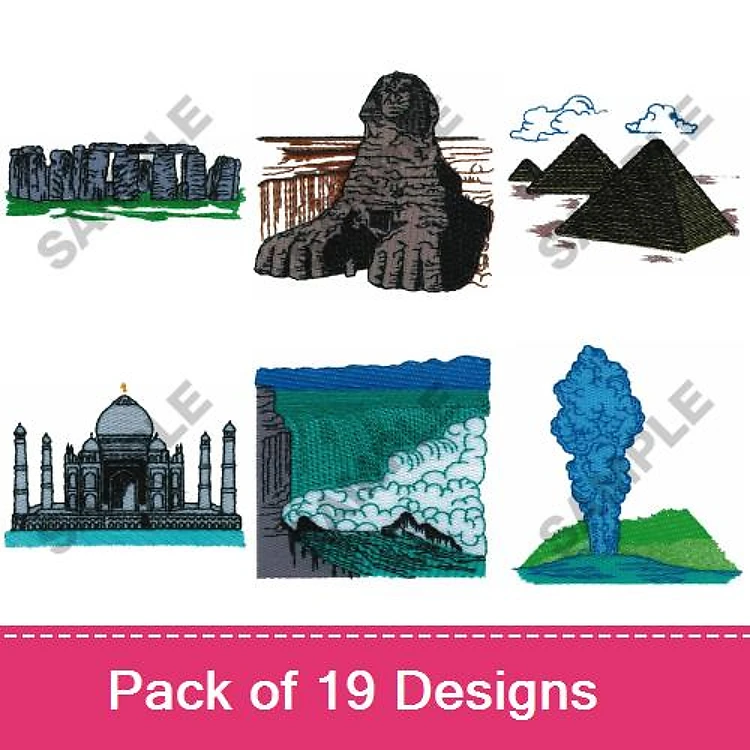 Famous Landmarks Embroidery Designs Bundle – Stonehenge, Great Sphinx of Giza, Taj Mahal & More (19 Designs)