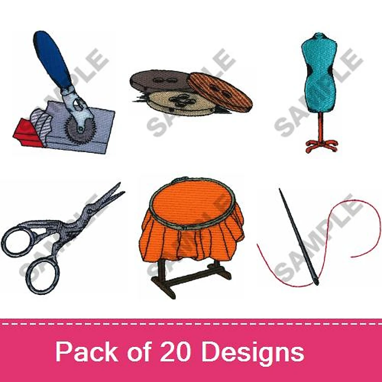 Sewing Tools & Notions Embroidery Designs Bundle – Sewing Machine, Dress Form, Tailor's Scissors & More (20 Designs)