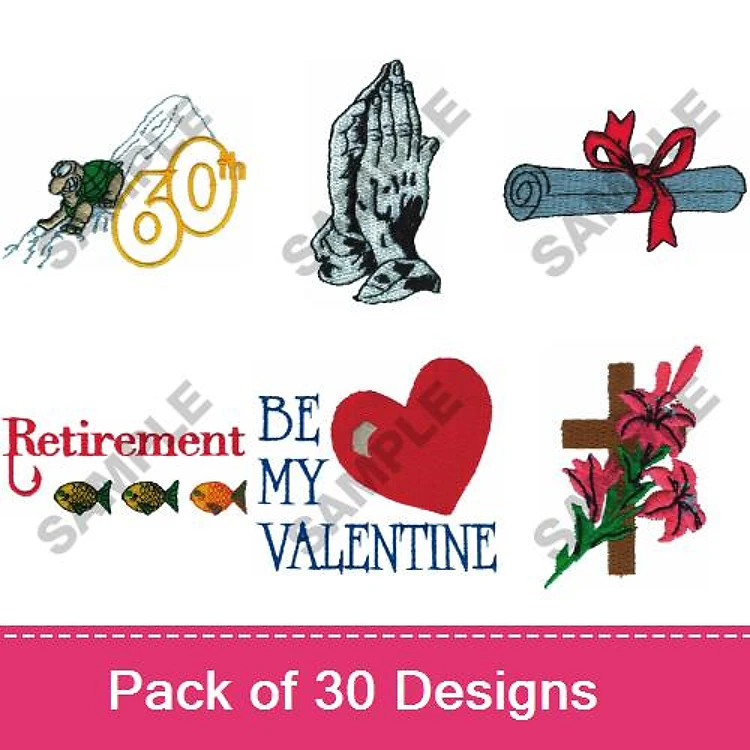 Celebration Embroidery Designs Bundle – 60th Anniversary, Praying Hands, Scroll with Ribbon & More (30 Designs)