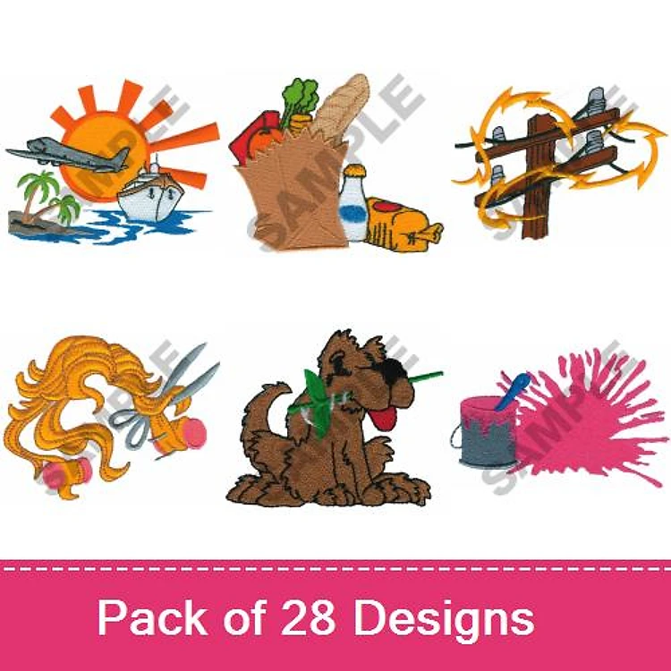 Colorful Themed Embroidery Designs Bundle – Airplane with Sunset, Grocery Bag with Items, Dog with Paintbrush & More (28 Designs)