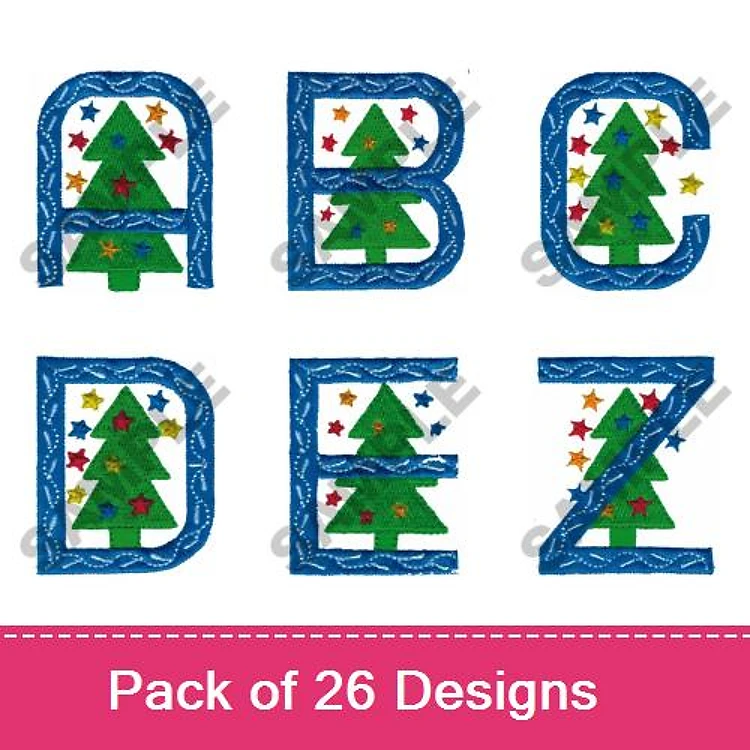 Applique Christmas Alphabet Letters Embroidery Designs Bundle – A with Christmas Tree, B with Christmas Tree, C with Christmas Tree & More (26 Designs)