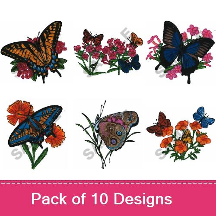 Butterflies & Flowers Embroidery Designs Bundle – Monarch, Blue, Brown Butterfly & More (10 Designs)