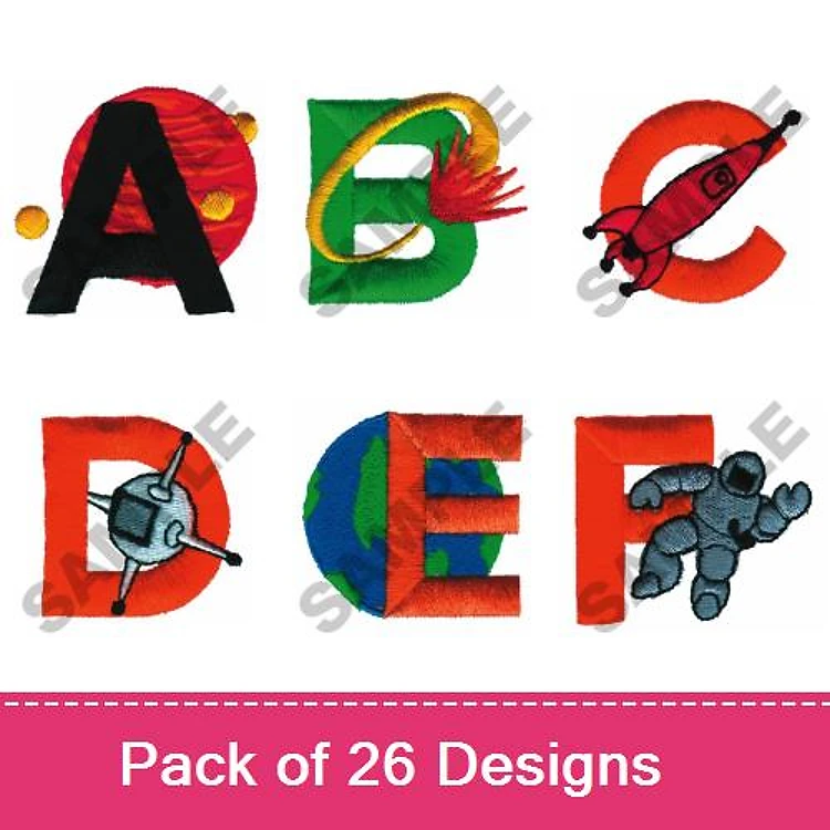 Alphabet Letters with Space Embroidery Designs Bundle – A with Red Planet, B with Green Spiral, C with Rocket & More (26 Designs)