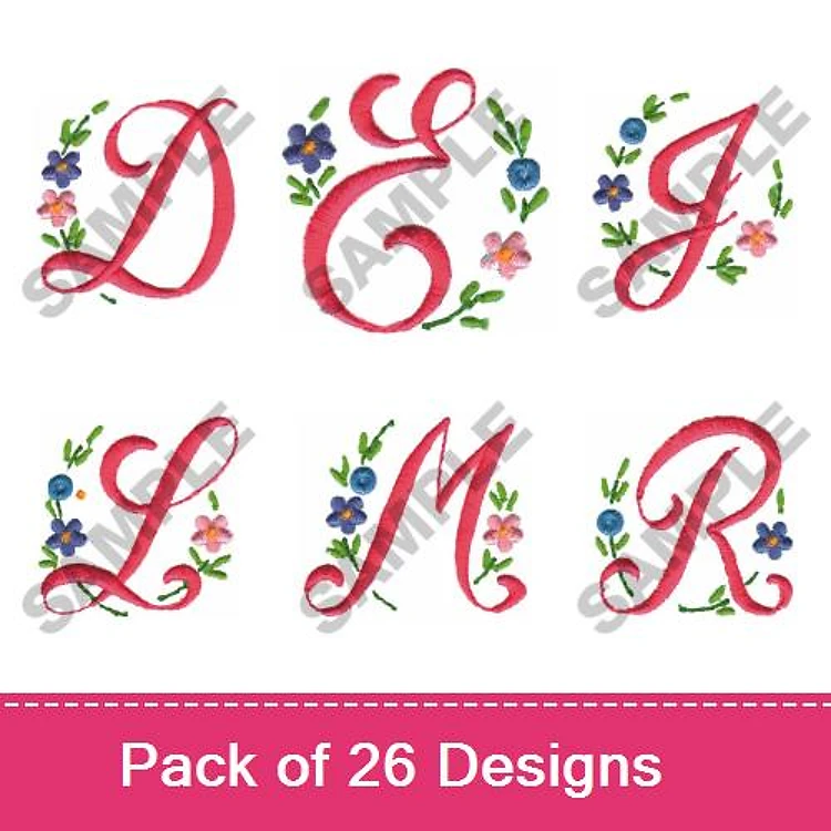 Floral Monogram Embroidery Designs Bundle – Floral Letter D, E, J, L, M, R & More (26 Designs)