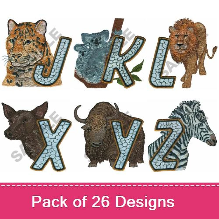 Animal Alphabet Embroidery Bundle – Tiger J, Koala K, Lion L, Bison X, Zebra Z & More (26 Designs)