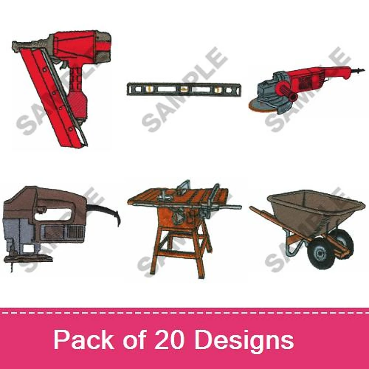 Construction Tools Embroidery Bundle – Nail Gun, Circular Saw, Jigsaw & More (20 Designs)