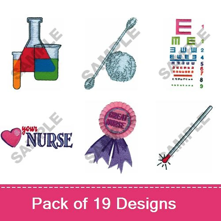 Nursing and Medical Themes Embroidery Designs Bundle – Laboratory Beakers, I Love My Nurse, Thermometer & More (19 Designs)