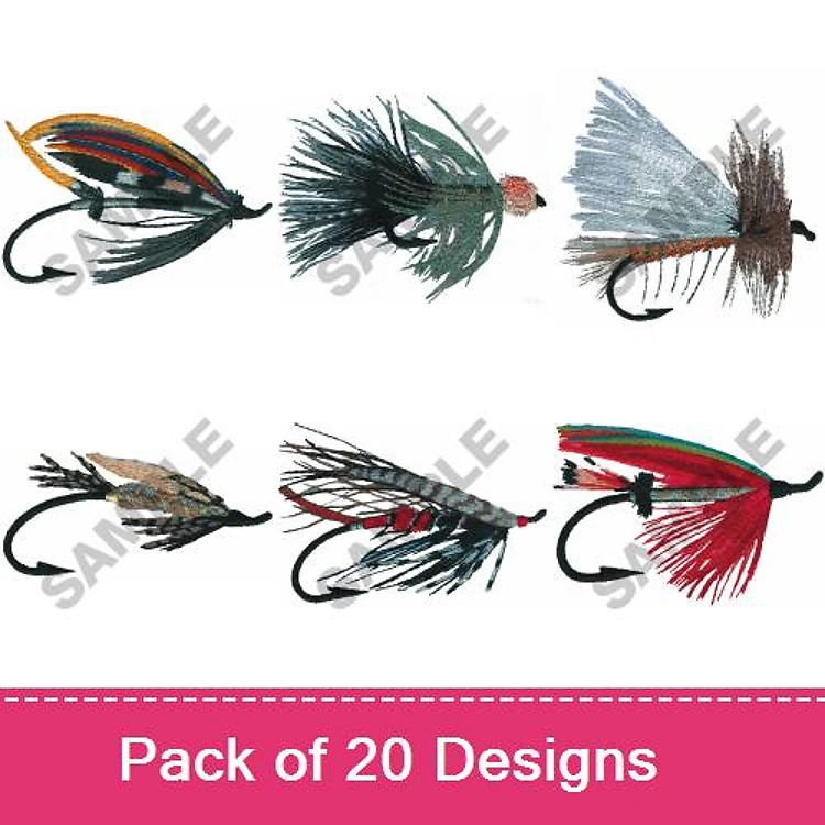 Fishing Fly Embroidery Designs Bundle – Green, Brown, Red, Blue Feathers & More (20 Designs)