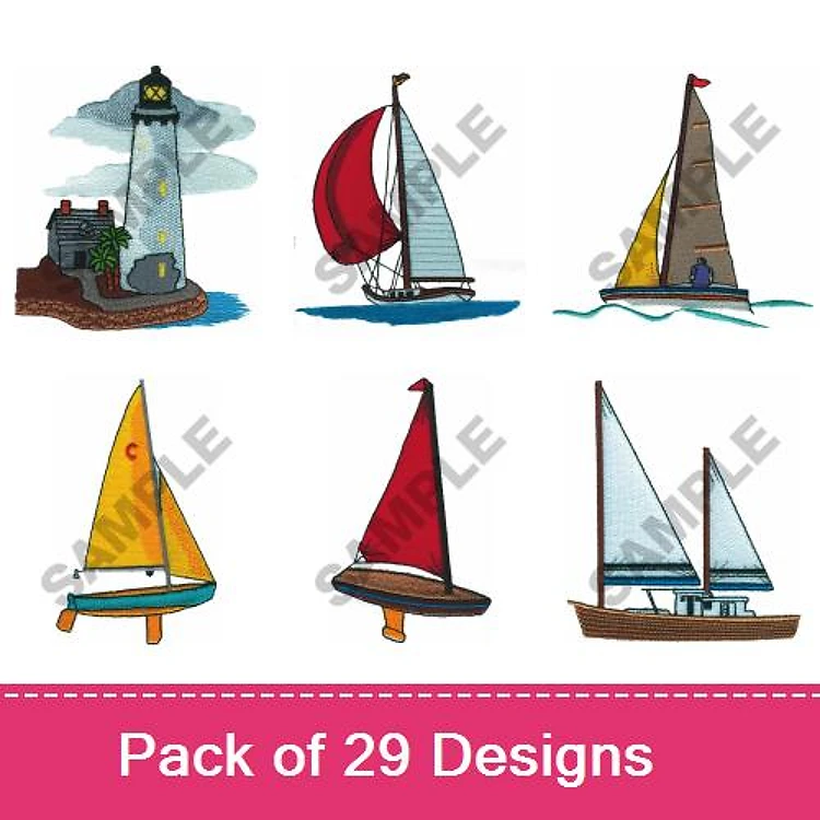 Nautical Sailing Embroidery Designs Bundle – Lighthouse, Red Sailboat, Yellow Sailboat & More (29 Designs)