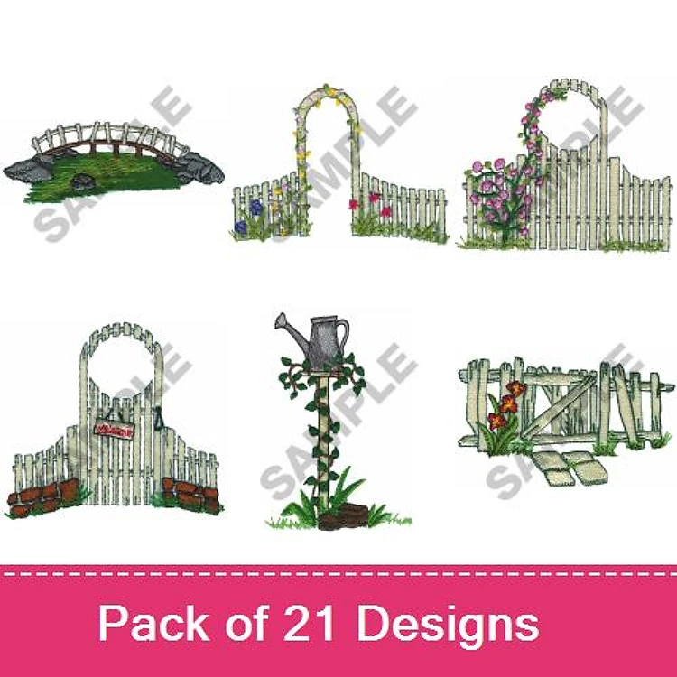 Garden Embroidery Designs Bundle – Garden Bridge, Archway with Flowers, Wooden Fence & More (21 Designs)