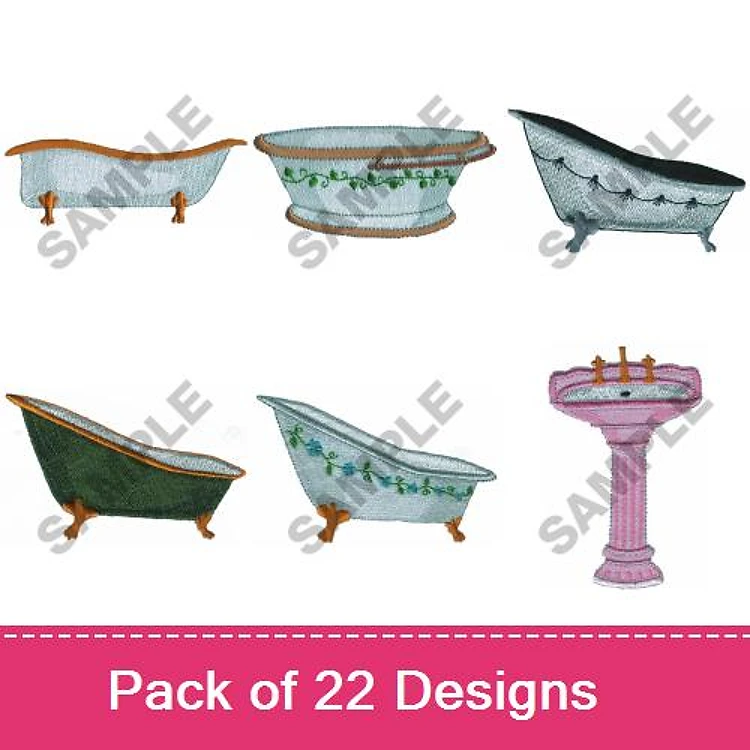 Bathtub & Sink Embroidery Designs Bundle – Clawfoot Bathtub with Green Trim, Pink Pedestal Sink & More (22 Designs)