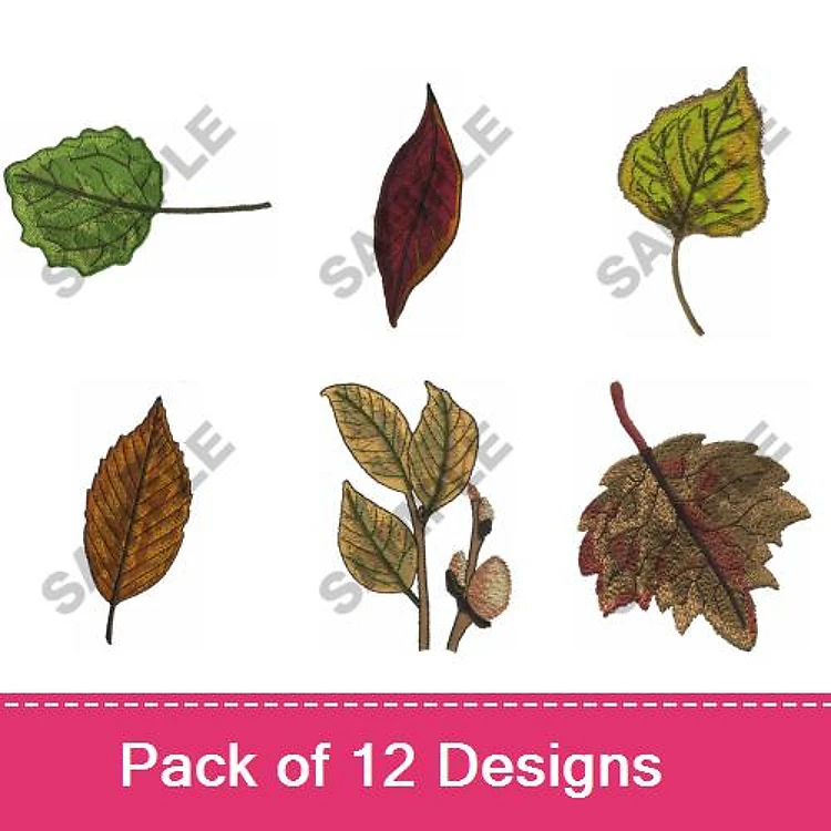 Fall Leaves Embroidery Designs Bundle – Green Leaf, Red Leaf, Yellow Leaf & More (12 Designs)
