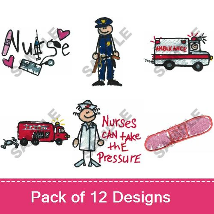 Medical Professionals Embroidery Designs Bundle – Nurse with Hearts, Police Officer, Ambulance & More (12 Designs)