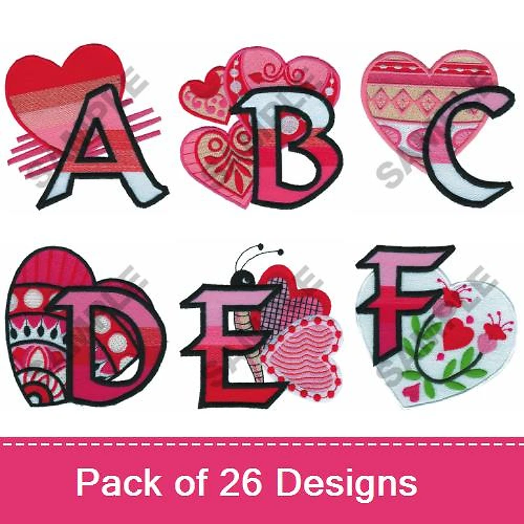 Applique Alphabet Letters with Hearts Embroidery Bundle – A with Heart, B with Heart, C with Heart & More (26 Designs)