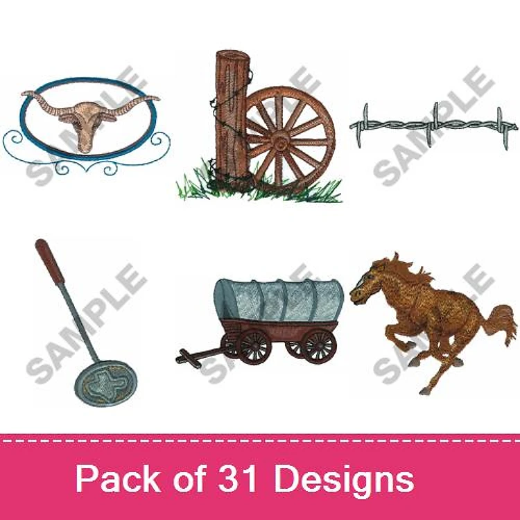 Western Themes Embroidery Designs Bundle – Longhorn Steer Head, Horse in Motion, Covered Wagon & More (31 Designs)