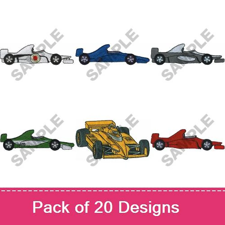 Racing Cars Embroidery Designs Bundle – Red, Green, Blue, Silver & More (20 Designs)