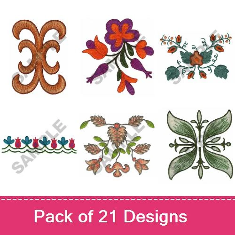 Floral Embroidery Designs Bundle – Floral Arrangement with Vines, Colorful Floral Design, Decorative Swirl & More (21 Designs)