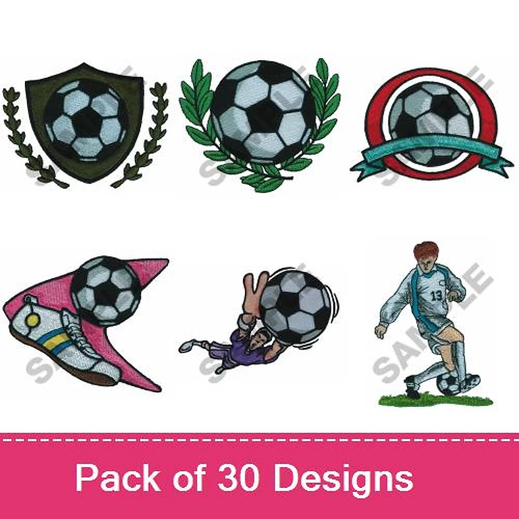 Soccer-themed Embroidery Designs Bundle – Soccer Ball Shield, Soccer Player in Action, Goalkeeper Saving & More (30 Designs)