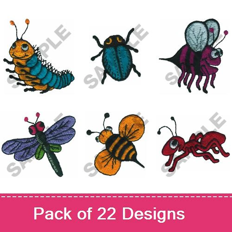 Insects and Bugs Embroidery Designs Bundle – Caterpillar, Beetle, Fly, Dragonfly & More (22 Designs)