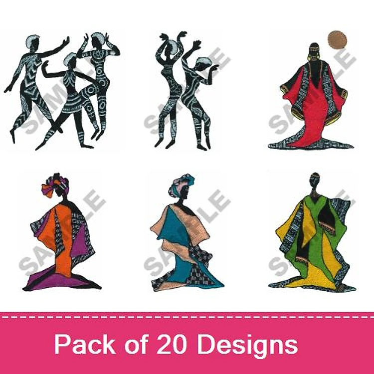 African Dance Silhouettes Embroidery Designs Bundle – Dancing Couples, Dancer in Red, Seated Dancer & More (20 Designs)