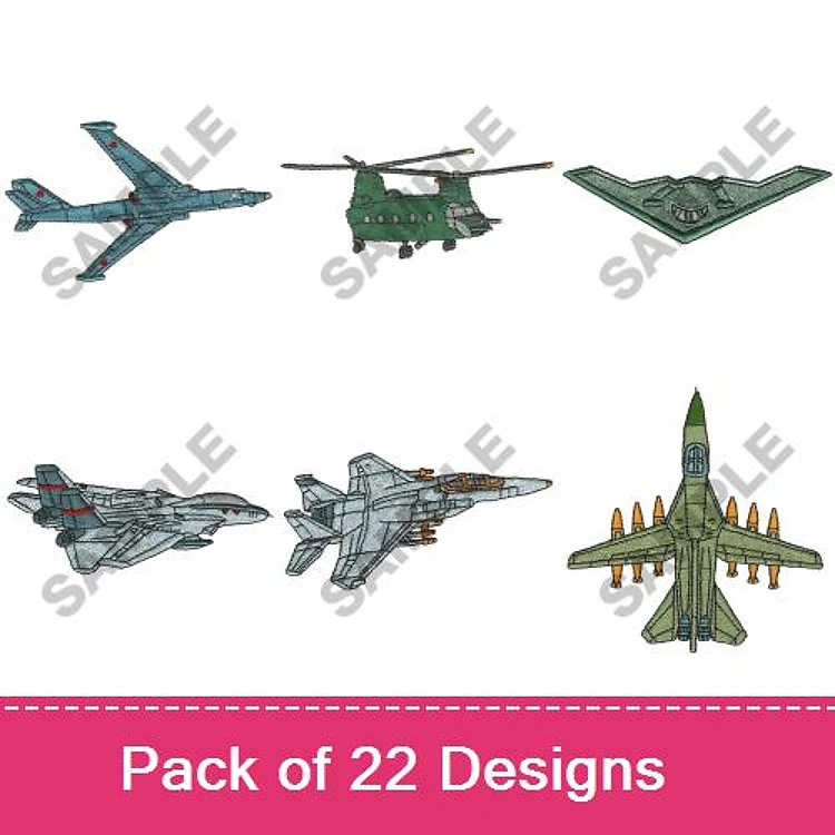 Military Aircraft Embroidery Designs Bundle – Fighter Jet, Helicopter, Stealth Bomber & More (22 Designs)